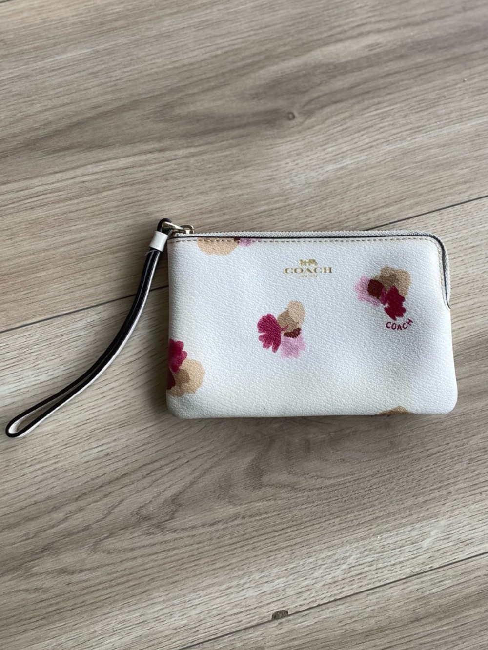 COACH White Floral Wristlet with Pink & Tan Accents